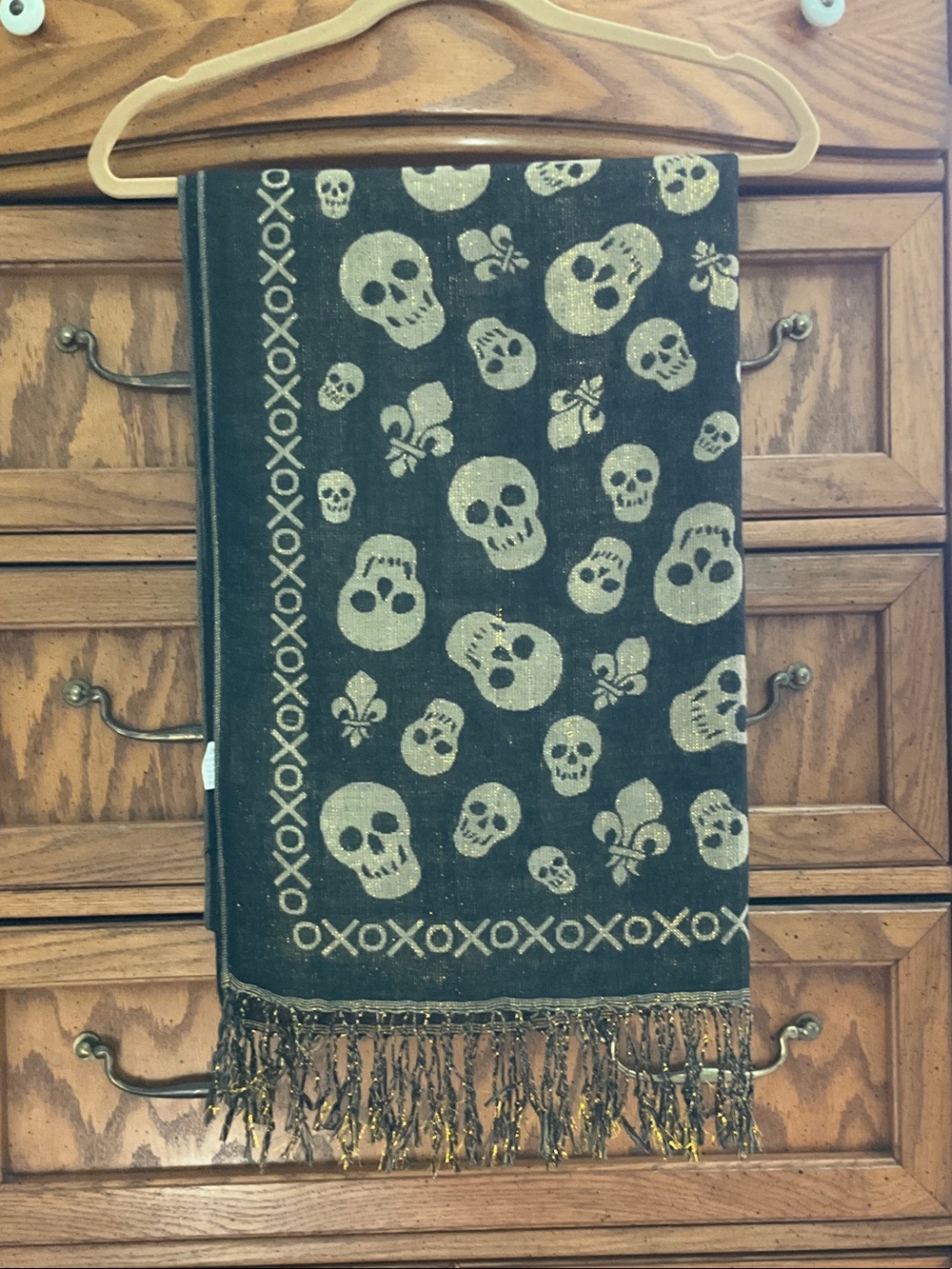Claire's Black and Gold Skull Fringe Scarf Wrap